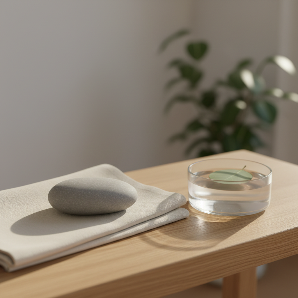 A close-up, photographic view of a smooth, oval-shaped gray stone resting on a folded, cream-colored cotton cloth atop a light oak bench. Next to the stone lies a small glass bowl filled with clear water and a single floating eucalyptus leaf, its muted green color contrasting gently with the warm wood. The setting is a minimalist, quiet room with a pale wall and a distant, softly blurred plant in the background. Late afternoon natural light streams in from the right, creating delicate highlights on the water surface and subtle, elongated shadows. Shot at eye level with shallow depth of field, the image feels tranquil, grounding and contemplative, symbolizing emotional balance, self-compassion and inner calm without any visual clutter.