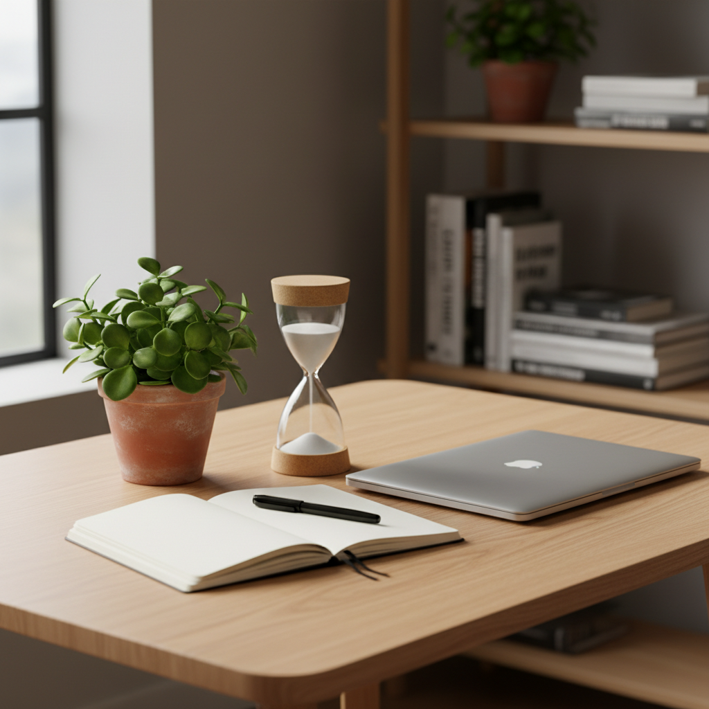 A simple wooden desk with rounded edges, its natural grain visible, holds an open blank notebook, a closed laptop, and a small clay pot with a thriving green plant. Beside the notebook, a sand timer with fine white sand is half-run, symbolizing a mindful pause during a workday. Soft overcast daylight enters from the left, illuminating the workspace with a calm, even glow and subtle reflections on the laptop surface. The composition follows the rule of thirds, photographed from a slightly elevated angle in realistic detail, with a softly blurred bookshelf and neutral wall in the background. The atmosphere is balanced and focused, suggesting healthy stress management, boundaries and practical tools for emotional well-being at work.